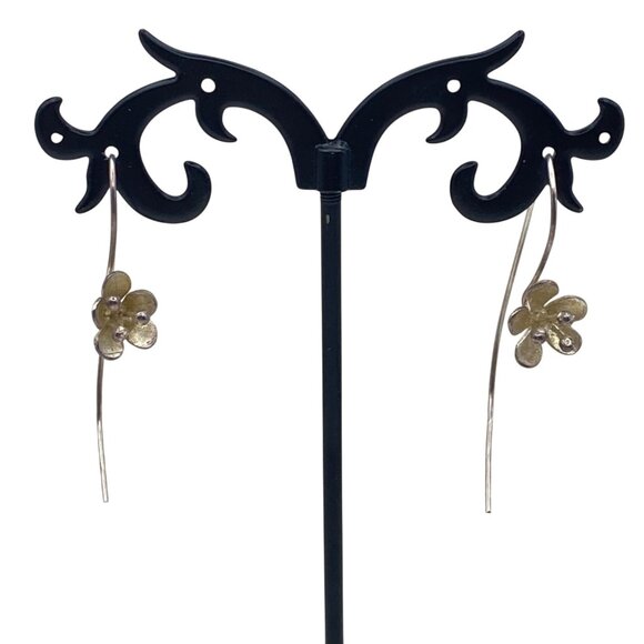 Sterling Silver Flower Drop Earrings 1.75" 2.4 g Artisan Tested Delicate Boho - Picture 1 of 8